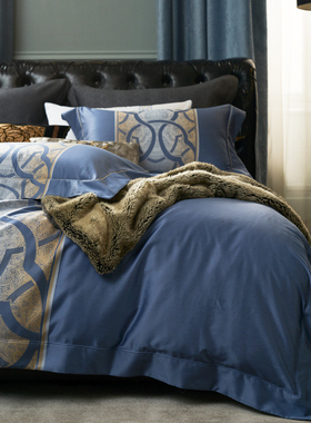 意式轻奢140S双股匹马棉四件套别墅样板房床上用品蓝色欧式被套简