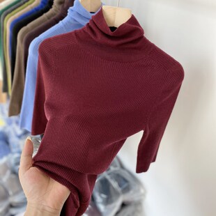 黑色高领中袖打底衫女春秋内搭修身翻领毛衣2024新款五分袖针织衫
