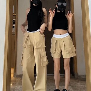 松紧腰口袋大王工装裤女设计感夏季高腰显瘦直筒阔腿休闲长裤子