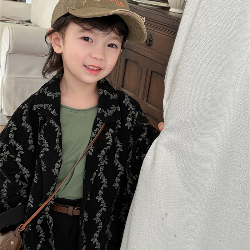 暮晨家新款春装2024男童碎花西装开衫中小童森系复古港风外套西服