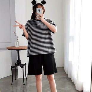 胖妹妹纯棉睡衣女加肥加大码200斤春夏短袖短裤家居服T恤套装外穿
