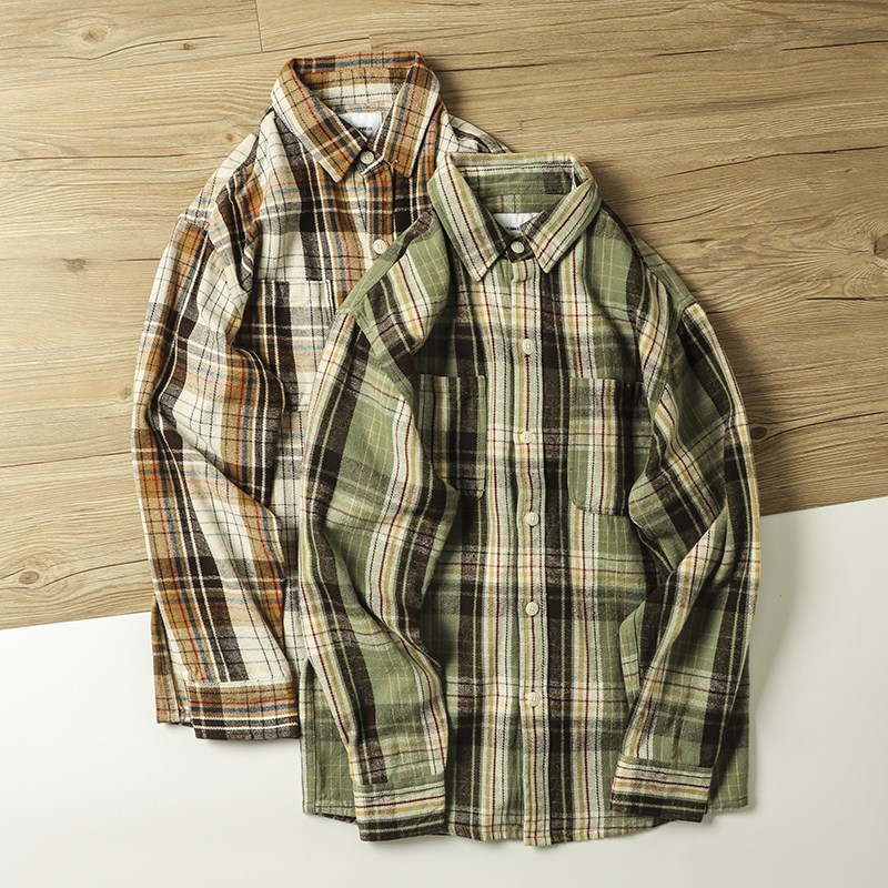 日单咔叽重磅全棉复古色织格纹秋冬男长袖衬衫休闲宽松厚实衬衣潮