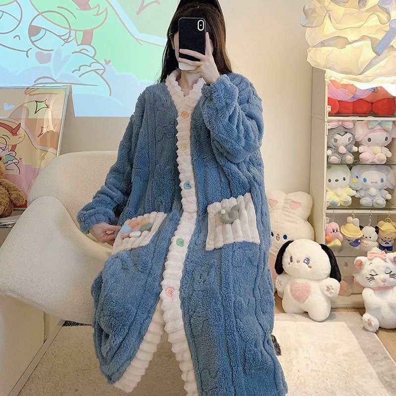 冬季珊瑚绒睡裙女加绒加厚睡v衣女加肥加大码200斤中长款睡袍女款