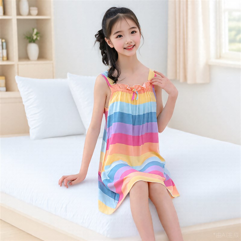 2025新款g女童睡裙吊带背心裙棉绸小女孩裙子儿童睡衣薄款家居服