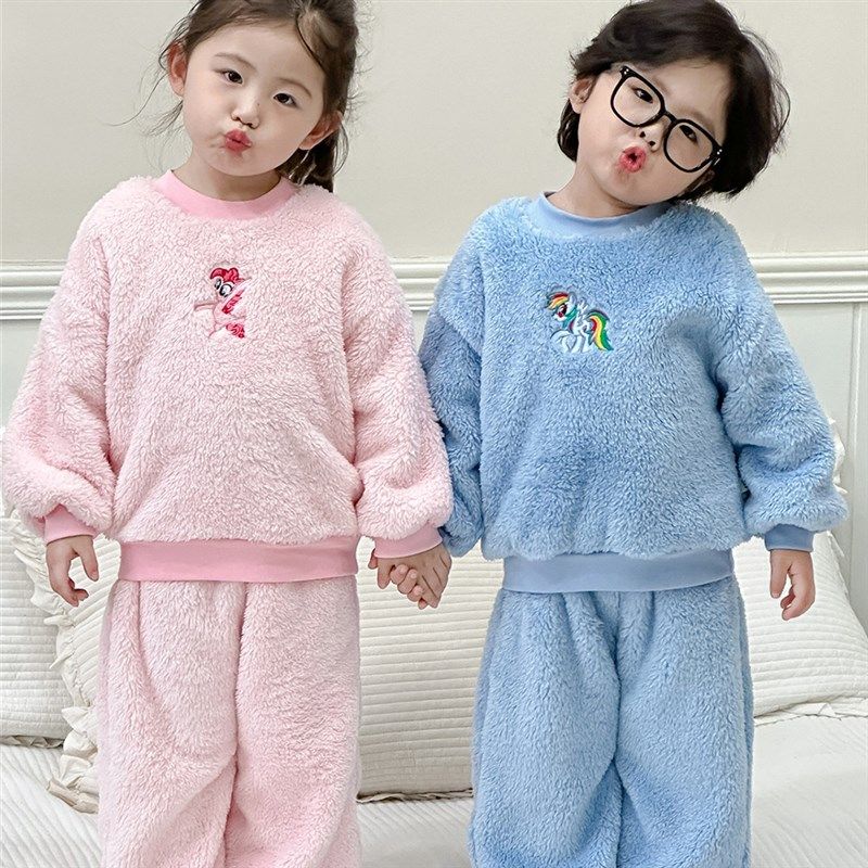 儿童法兰绒睡衣秋冬男童s圆领套头珊瑚绒套装女宝宝恒温保暖家居