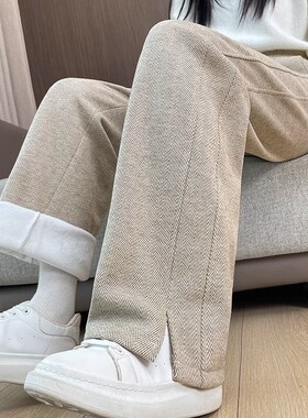 灰色直筒裤女秋冬加绒裤子女冬季加厚人I字纹毛呢女裤窄版阔腿裤