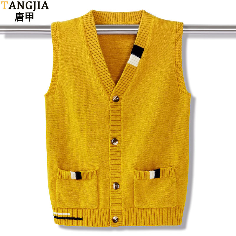 男孩子纯a羊毛衫开衫背心青少年针织马甲中学生无袖毛衣学院风坎