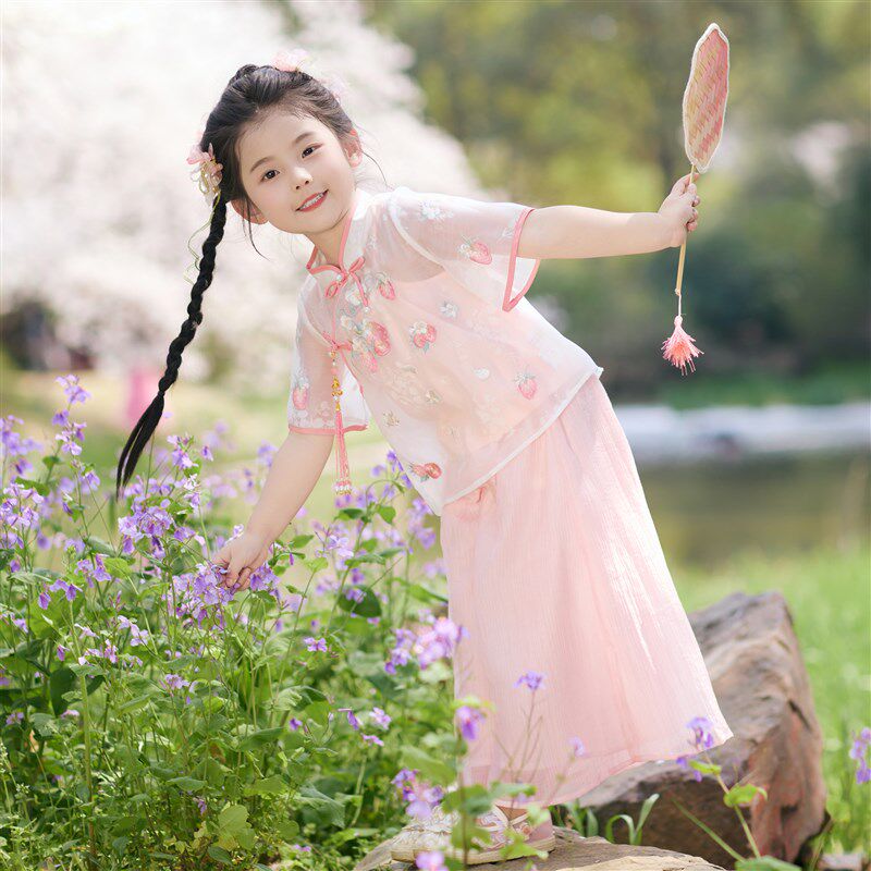 汉服女童2025夏季新款儿童新中式薄款I短袖国风裤子套装三件套夏