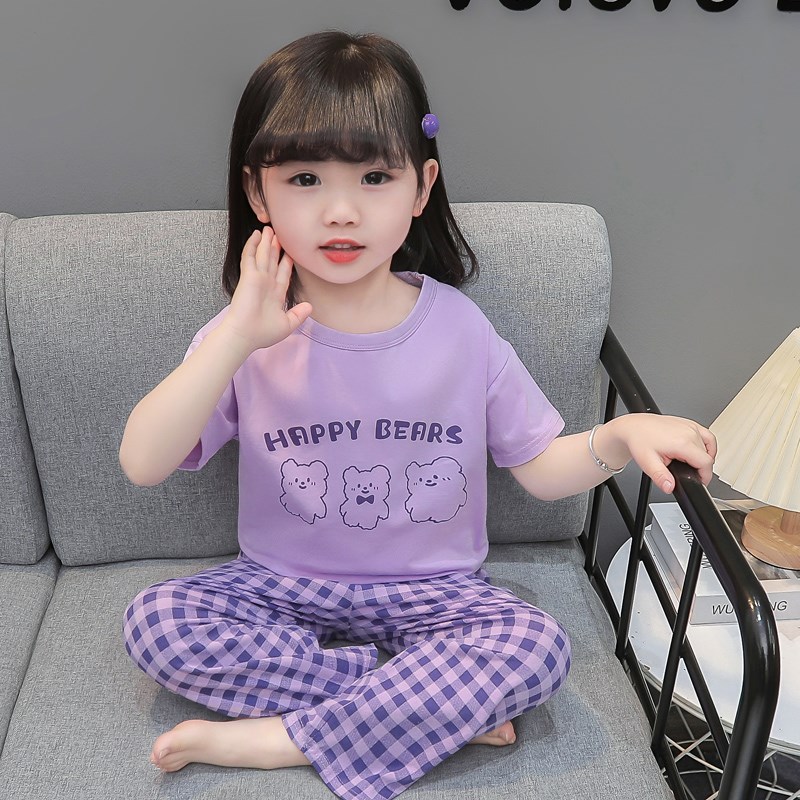 女童睡衣夏季e薄款纯棉套装2024新款女孩空调服夏款儿童短袖家居