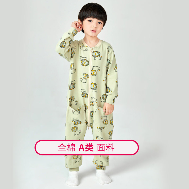 儿童连体睡衣防踢男童连s体衣服纯棉春秋款薄款大童长袖宝宝空调