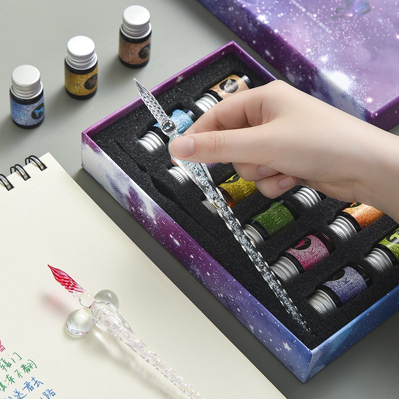 透明星空水晶玻璃笔蘸水笔套装彩墨水沾水渐变色钢笔W创意绘画礼