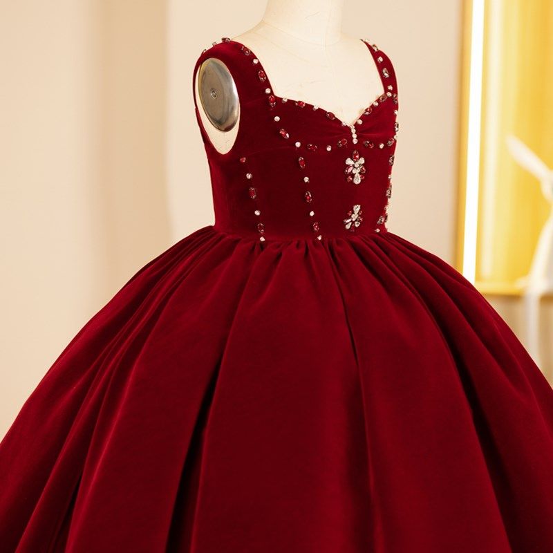 女童礼服轻e奢小众高端花童婚礼红色公主裙秋冬丝绒主持钢琴演出