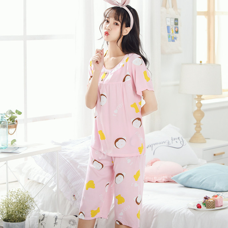 睡衣女夏季薄款棉绸m套装短袖短裤卡通绵绸可爱家居服人造棉女人