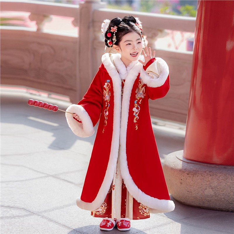 女童披风汉服宝宝超仙加绒加厚唐装儿童中国风拜年过年古装秋冬季
