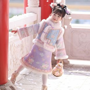 原创汉服女童冬季加厚格格服古风宫廷风新中式旗袍马甲唐装套装