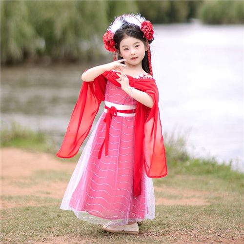 中国风七仙女汉服儿童连衣裙超仙舞台走秀古装欢天喜地女童演出服