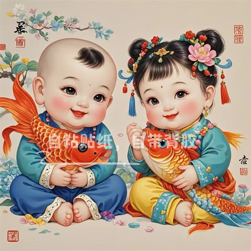 新年装饰超萌年画娃娃年年有余招财童子海报墙壁书房卧室房门柜贴图片