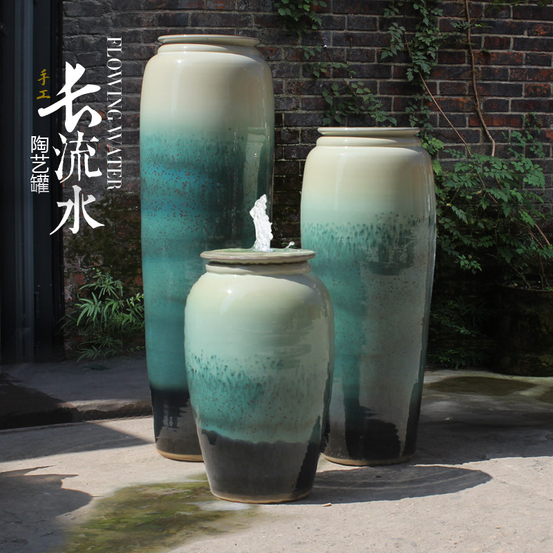 鱼池黑色涌水陶罐客厅循环流水花瓶式加湿器冒水系摆件喷泉水景罐