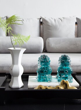 新中式琉璃狮子装饰盒花瓶托盘茶几组合摆件样板间售楼处书房饰品