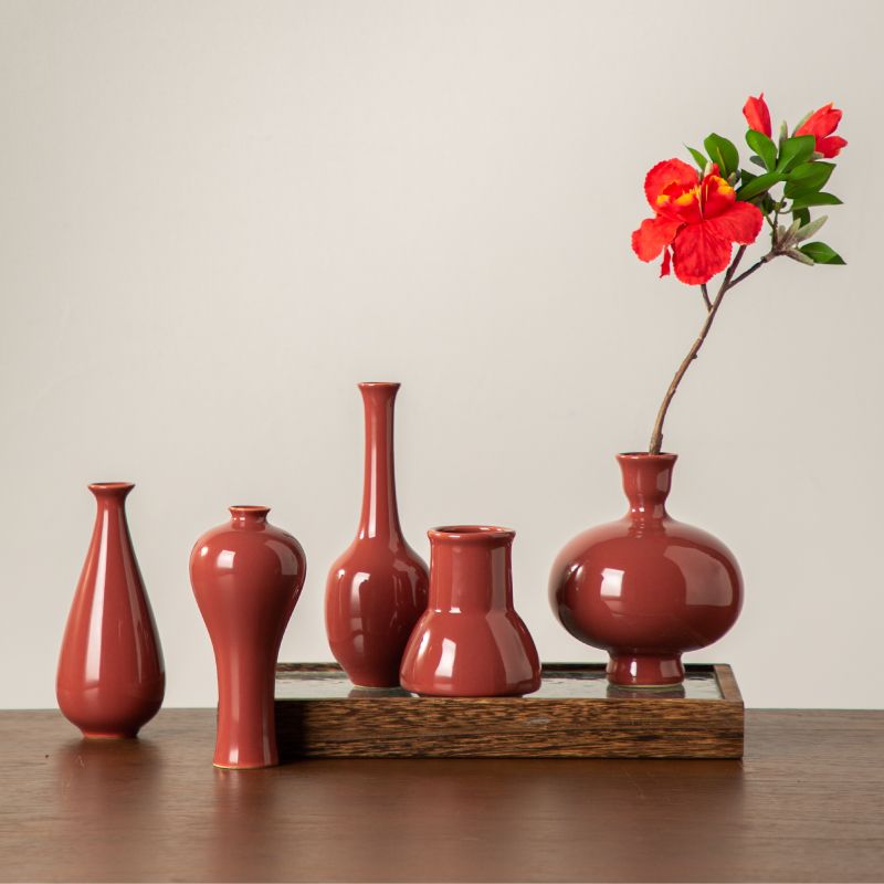 中式宫墙红陶瓷花瓶仿真花艺插花花器禅意装饰家居客厅玄关摆件