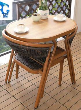 休露天阳台小桌椅休闲藤椅三件套L-015藤编简用约闲茶几铝合金茶