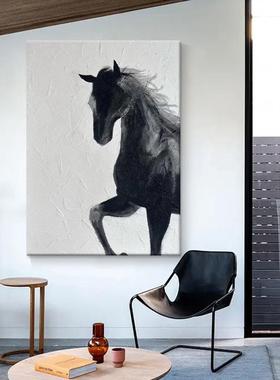 顺丰意式简抽极ZAR象黑色骏马绘手油画马到成功肌办公室装饰画玄