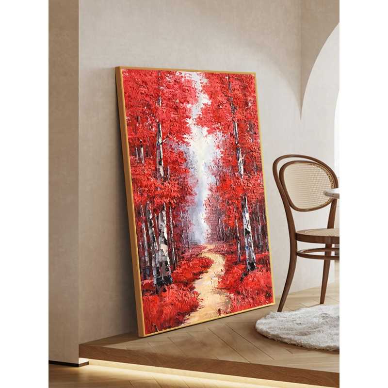 红色枫叶手绘油画客厅树林风景装饰画丙烯肌理画入户壁画玄关挂画图片