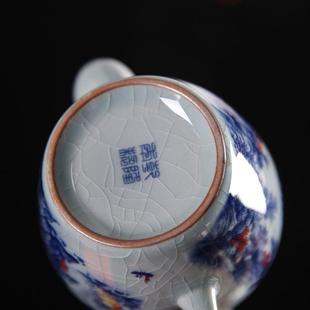 哥窑开片茶壶老陶泥仿古青花山水茶壶310毫升家用泡茶壶 中式