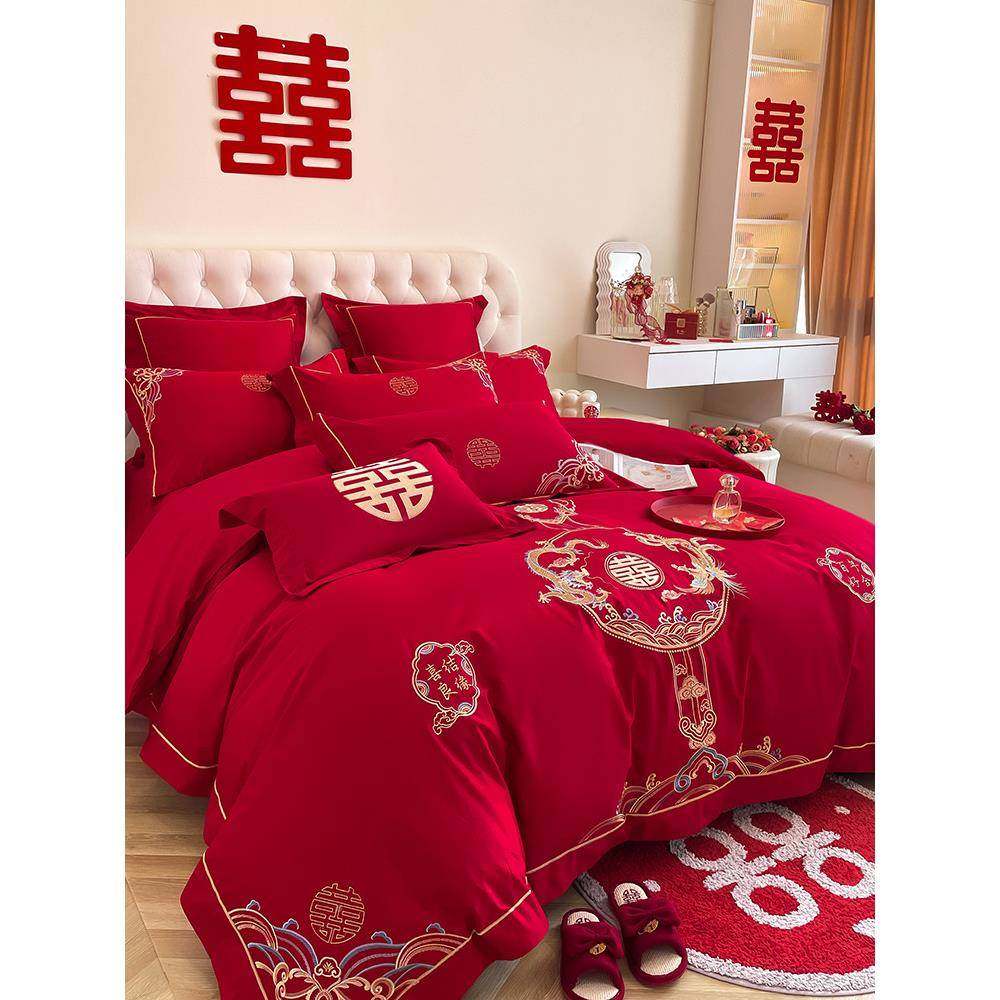 中式龙件凤绣大红色庆四件套新10022451婚陪嫁纯棉六床单婚被套床,床上用品,婚庆床品套件,淘宝优惠券,粉丝福利购,淘宝优惠卷