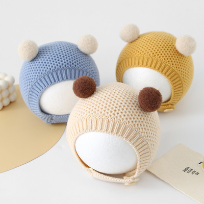 婴儿帽子秋冬季保暖加厚针织毛线帽男女宝宝小月龄可爱加绒护耳帽