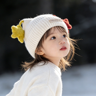 儿童帽子冬季红色新年加绒星星毛线帽男女宝宝保暖防风套头针织帽