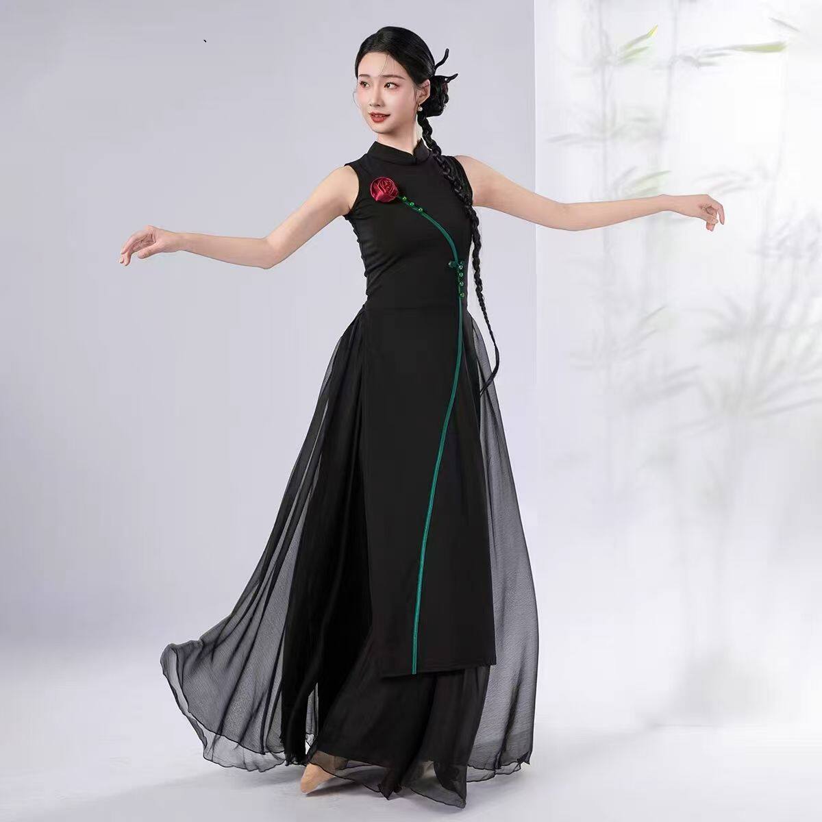 新款玫瑰古典舞演出服女中国风舞蹈服练功服民族服装旗袍裙演出服