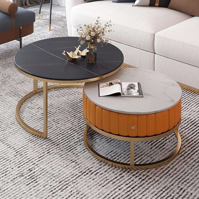 简约现代橙色大小圆形茶几组合岩板子母茶几桌客厅家用小户型网红