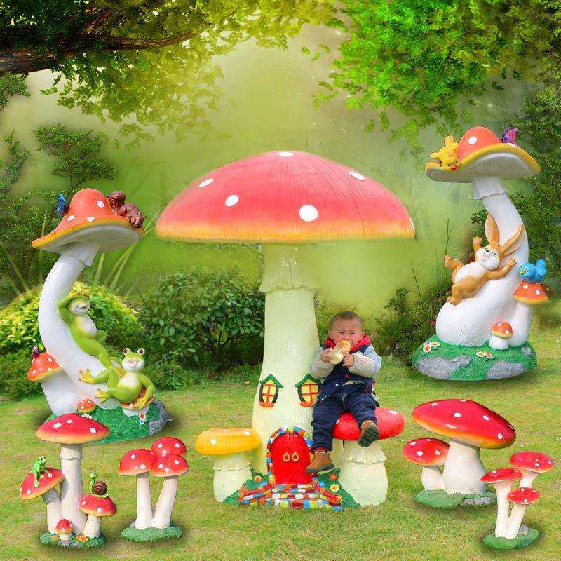 户外园林仿真蘑菇雕塑绿化带大型玻璃纤维植物绿草坪庭院摆件幼儿
