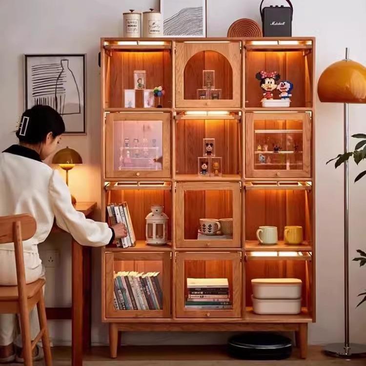 北美樱桃木展示柜现代简约实木上翻门书柜客厅复古沙发储物边柜