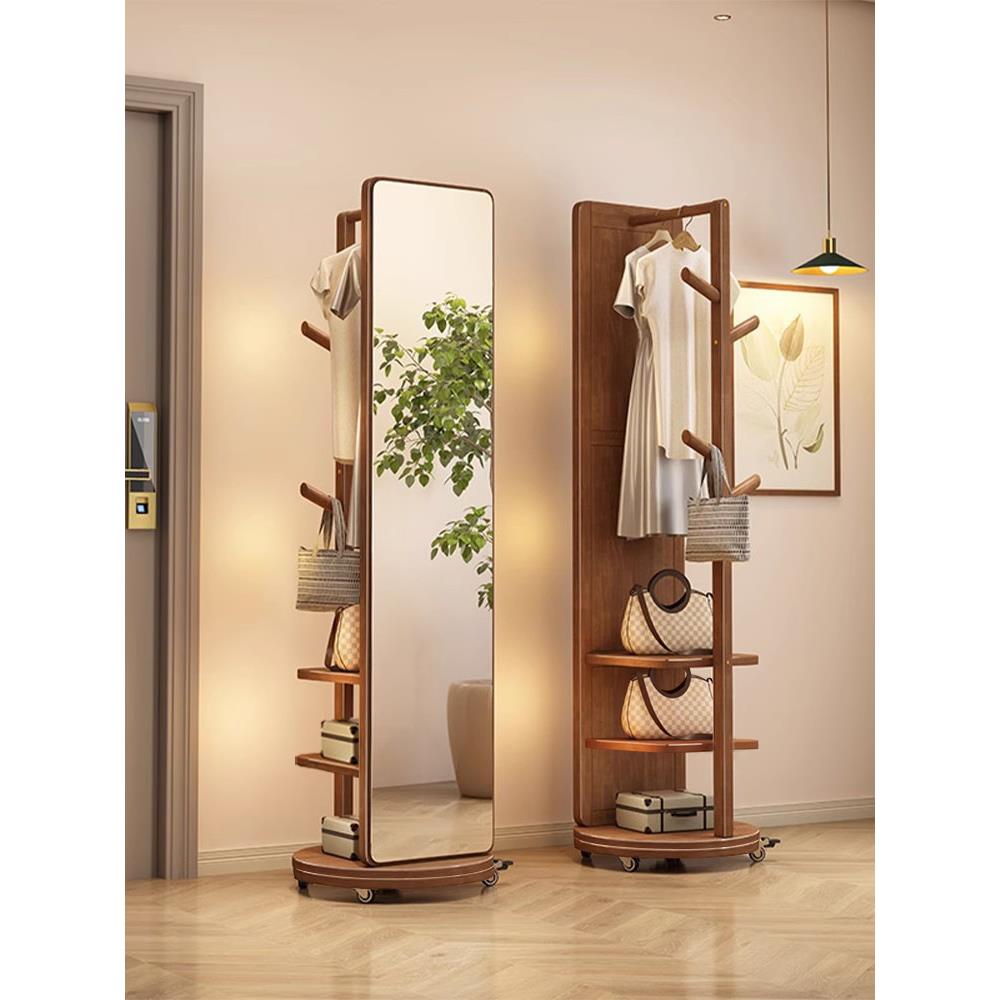 实木挂衣架卧室落地衣帽架穿衣镜一体客厅家用可移动多功能置物架