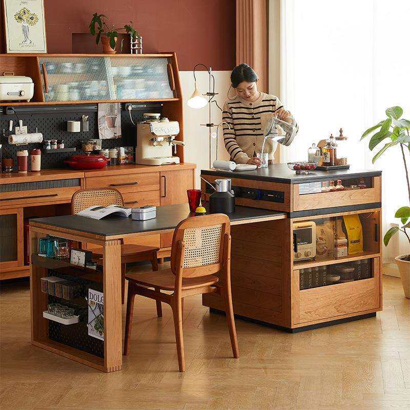 实木岛台餐桌一体家用可伸缩日式樱桃木小户型餐边吧台柜岩板餐桌