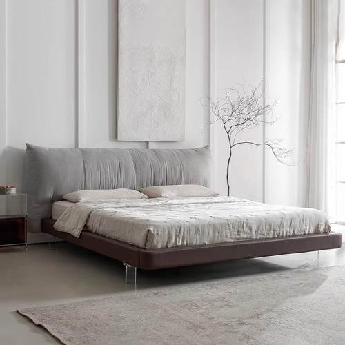 现代简约棉麻布艺悬浮床意式极简设计师卧室1.8怒亚克力床脚大床