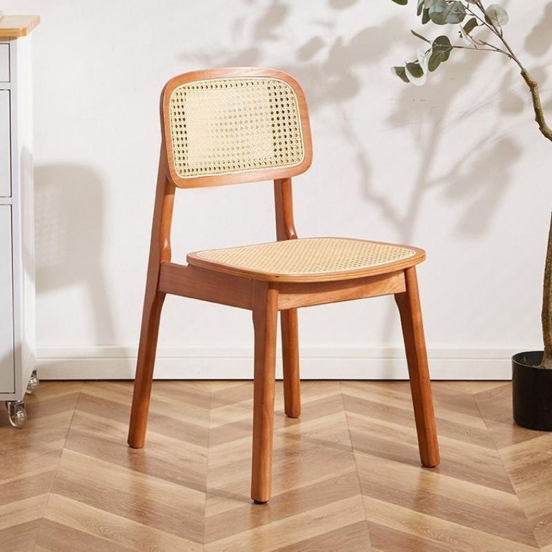 实木藤编餐椅家用简约中古靠背椅子北欧原木风书桌凳子餐桌休闲^