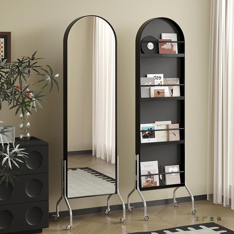 可移动全身镜轻奢风收纳杂志架落地书报展示置物架旋转穿衣镜镜子