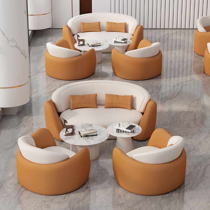 新款商务洽谈沙发皮艺大堂创意休闲接待会客桌椅橘白包围组合
