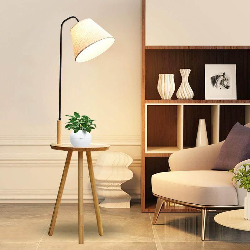 客厅茶几落地灯原木风设计感卧室床头柜置物架一体实木立式台灯
