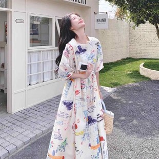 2025初夏长裙巨好看特别漂亮掐腰裙子涂鸦连衣裙绝美独特丁达尔裙