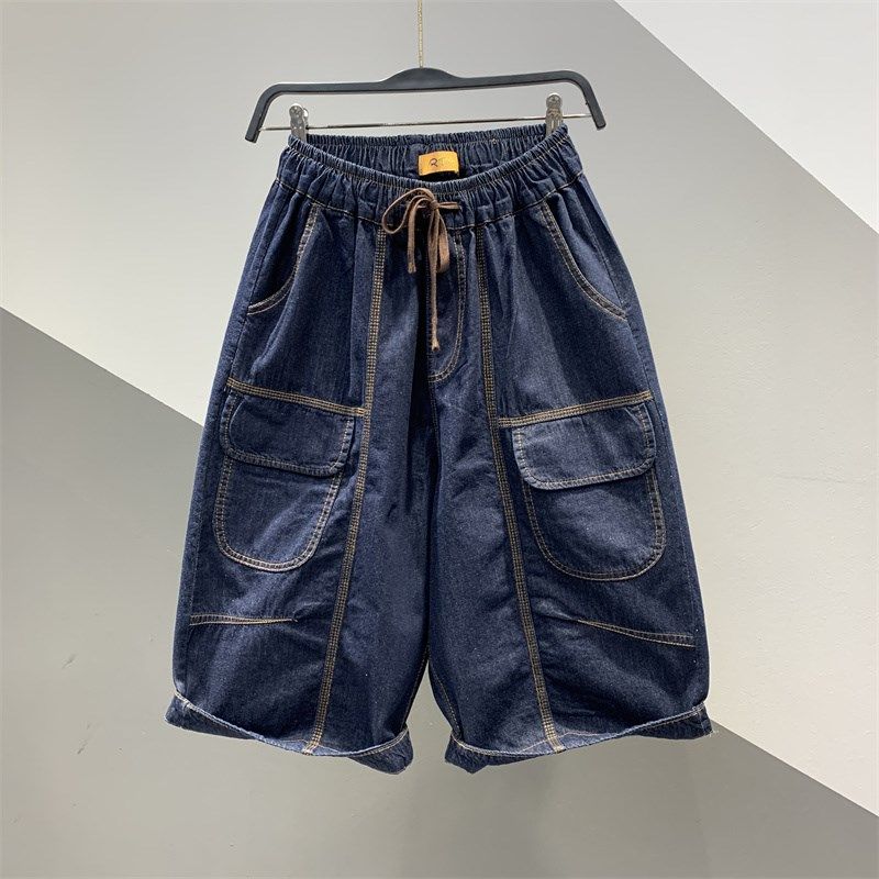 个性口袋拼接复古牛仔六分裤女2025年夏季新款百搭宽松阔腿老爹裤,女装/女士精品,牛仔裤,淘宝优惠券,粉丝福利购,淘宝优惠卷
