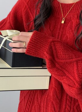 圣诞新年b红色麻花圆领套头毛衣女2024秋冬宽松软糯针织衫加厚保