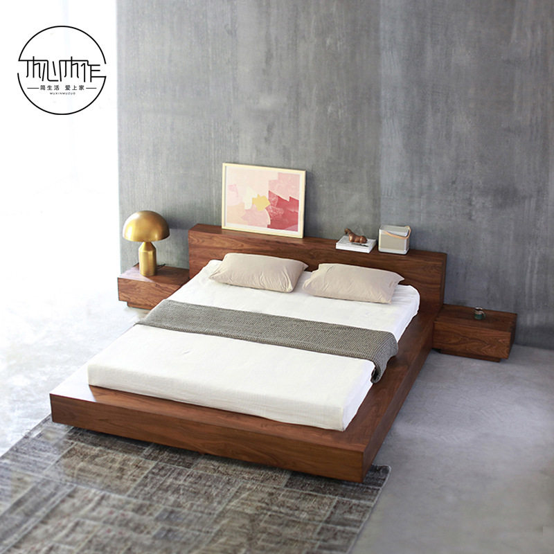 北欧实木床简约日式榻榻米矮床木质黑胡桃木大床ins樱桃木矮床