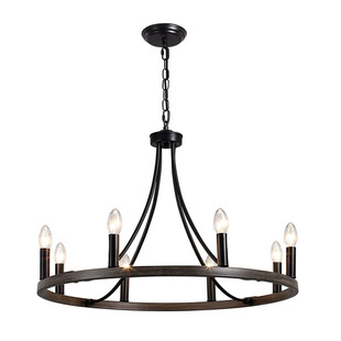 新款式美式农舍乡村工业风木纹色环形吊灯金属铁艺酒吧餐厅蜡烛灯