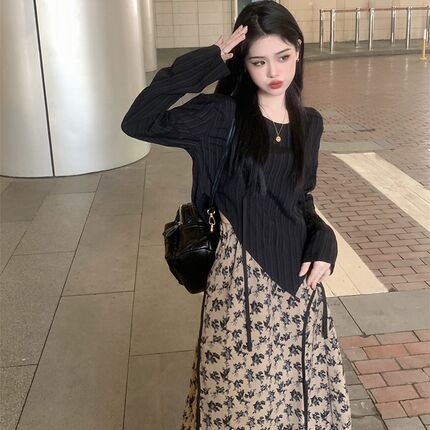 速发大码裙子套装春秋设计感不规肚长袖则恤遮T子复古碎花a字半身
