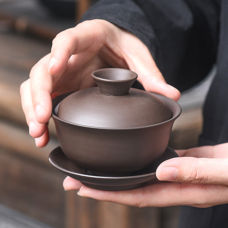速发紫砂盖碗原矿老泥 家用紫砂沏茶碗喝茶碗三才盖碗泡茶器组