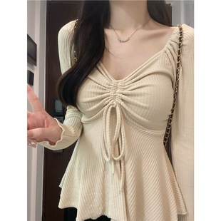 速发衫品 新中式温柔针织抽绳v领打底新t恤挂肩百搭上衣